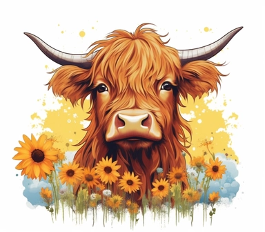 Highland cow playing in a field of daisies, full body, clip art, detailed, cute, bold, bright, colorful, vector art, clean, neat, white background