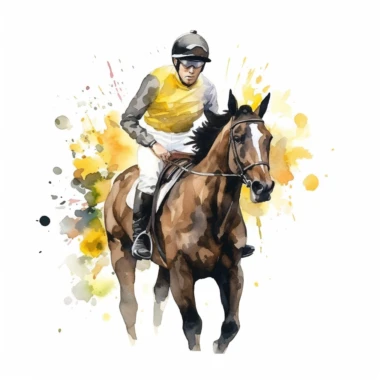 race horse, with jockey, with yellow flowers water color, white backhround, clipart