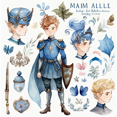 A watercolor collection by Amelia Fairytale, presenting a lively and charming clipart set of blue fairy tale prince characters in 5 different hair and skin colors, accompanied by whimsical elements such as a shield, horse, dragon, prince crown, castle, knights, and armor, perfect for crafting invitations, planner stickers, party printables, and embroidery designs.