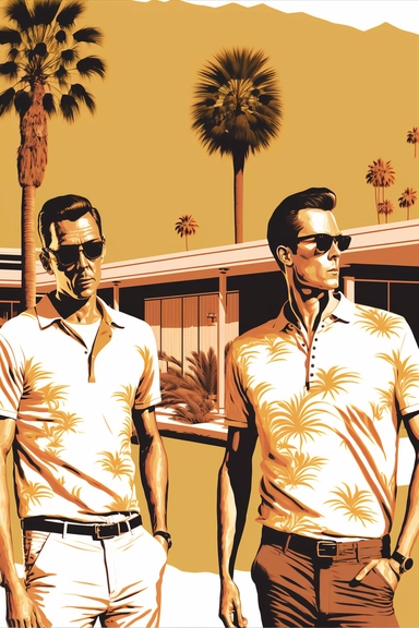 letraset clipart of two handsom wealthy younger men wearing polo shirts, each man is holding one martini, athletic bodies, posing in front of a midcentury modern building in palm springs, 1960's, happy, friendly, smug, sunglasses, washingtonia palms, low camera angle, pool