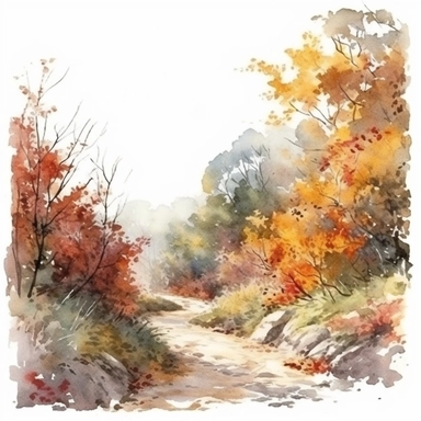 Path in the autumn forest, landscape, autumn leaves, watercolor, clipart, white background