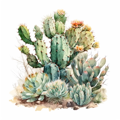 watercolor art, stunning desert cacti clipart featuring a single majestic cactus, set against a pristine white background, highlighting its natural beauty and elegance., white background, no text, no caption