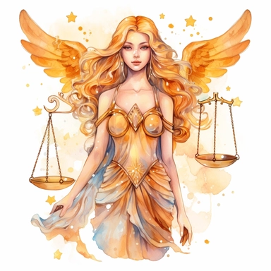 Libra zodiac sign as fantasy portrait of beautiful angel goddess holding golden libra in one hand, golden armor, Watercolor Libra Zodiac Sign Clipart, clip art design, 8k, detailed white background, uplighted