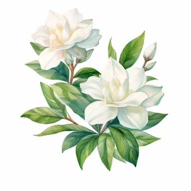 watercolor gardenia flowers clipart for wedding invitation card, hd, detailed, pastel color, clean line, on white background, spaced out