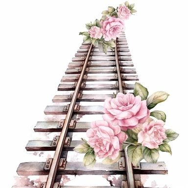 hand drawn , watercolor, hyper realistic, white background, white margins, 16k, ultra detailed clipart, cut out image, hand-drawn, ultra HD, sharp and clean art a vintage train tracks with delicate floral , capturing the romantic and feminine aesthetics often associated with vintage fashion and travel. light pink pastel