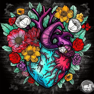 Gothic anatomical Heart Clipart with flowers, Anatomical Valentine digital-illustration. No Roots, no vines, no leaves. Flowers and the anatomical heart only. black outline of heart and flowers Bold, vibrant, Triadic colors. Digital illustration look and feel The image should have a high-detail appearance with texture. The composition should be well-balanced, that evokes the charm of digital-illustration. Blend realism with a touch of stylization, giving digital illustration a sense of depth and