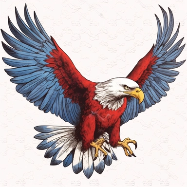 clipart,american patriotic beautiful bald eagle full bird view with wings and feet, red blue white, 4th of july, american flag, illustration, retro style, white background, vector