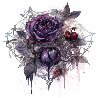 Idyllic watercolor and ink clipart of dark gothic dark moody dark moody burgundy, black and purple rose flowers with poison thorns on an ornate gothic black dagger covered in gothic spider webs, isolated on a white background, dark moody colors, intricate detail, ultra-realistic