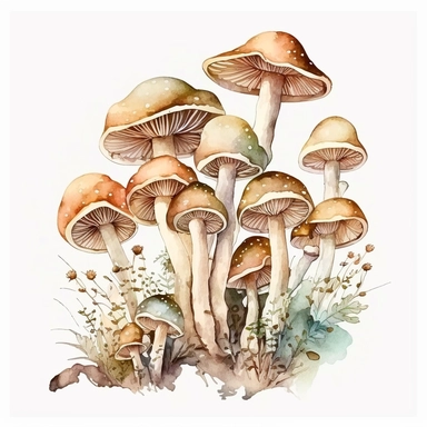 watercolor, a bunch of thin loong mashrooms in pastel beige color, a lot of details, good quality illustration, clipart, white background