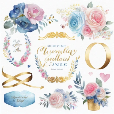 watercolor marriage anniversary clipart collection, white background, white, pink, blue and gold illustrations