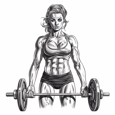 beatifiul female bodybuilder lifting barbell, showing abs, clipart, black and white hand drawing