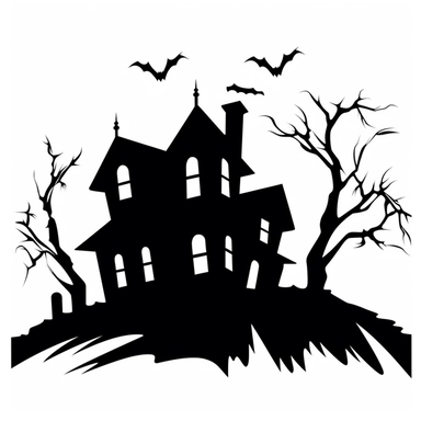 black and white silhouette of a haunted house icon, clipart style, white background, thick lines, vector, simple design, flat colour, solid colour, halloweencore, from a distant perspective