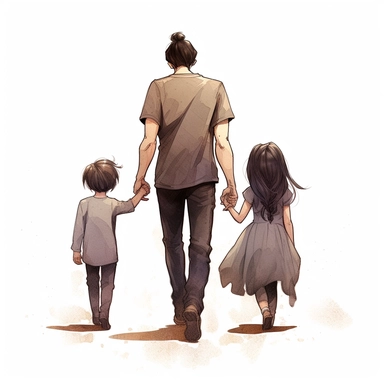 view of back, father holding daughter and boy hand walking away, black hair, Watercolor Clipart, strybk, full Illustration, chibi kawaii, 8k, sharp focus, watercolor, smooth soft skin, symmetrical, soft lighting, detailed face, concept art, muted colors, children's style fairy tales, Octane rendering, 3D, Craig Davison, Aubrey Beardsley, Conrad Roset, Aikut Aidogdu, Agnes Cecil