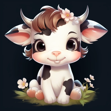 cute happy looking baby cow with flowers cartoon style clipart on white background
