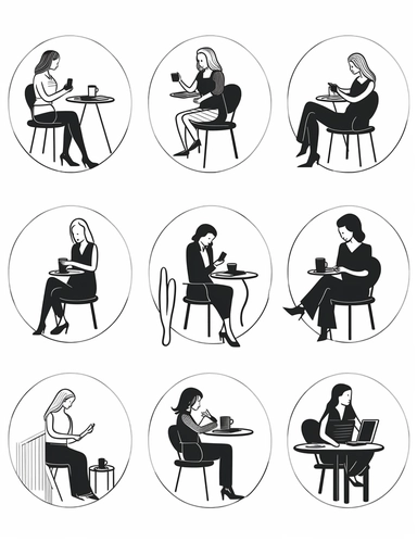 a series of black and white illustrations with border, clipart images that inspire and uplift. The images should feature women in various empowering scenarios, such as leading a business meeting, practicing self-care, having a drink, or achieving a personal goal. The style should be clean and minimalist, and easy to color in. The composition should be dynamic and engaging, with each image capturing a moment of triumph or self-realization. The lighting should be bright and optimistic, illuminatin