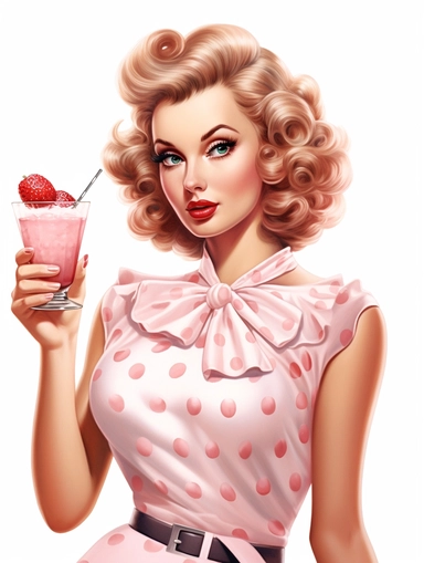portrait of a stunning housewife drinking cocktail against white background, in the style of vintage-inspired pin-ups, realistic figures, polka dot madness, pink and amber, against white background clipart png