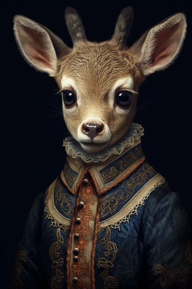 vintage dark oil painting hasselblad 24 mm three quarters shot of a cute baby deer in victorian dress with blue eyes, clipart, on a dark vintage background, Composition: Relaxed position with intricate high hairstyle, detailed natural skin, Style: Steampunk, white background, hyperrealism, 32k