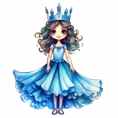 cute cartoon little blue princess with crown full body illustration clipart, detailed, black outline, white background, 4k, watercolor, digital art