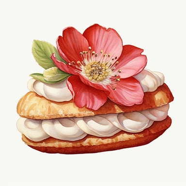 watercolor vintage style strawberry eclair clipart, strawberry magnolia eclair, strawberries, vibrant colors, 1960, vintage, watercolor, realistic drawing in storybook illustration, pencil drawing by Angela Barrett, Elsa Beskow, ultrafine detailed, highly detailed, high resolution, 8K, white background