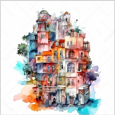 clip art watercolor, Future city, home, Full HD watercolor design, intricate details, colorful design, white background, smooth design, 8k