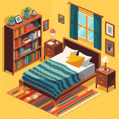 A clipart-style bedroom with a large, square window letting in sunlight. A simple, blue bed with a red blanket is against one wall. A basic, green desk with a yellow lamp sits nearby. A round, purple rug is in the center of the room. A white bookshelf with a few colorful books stands next to a plain, brown wardrobe. A single, orange chair is near the desk.