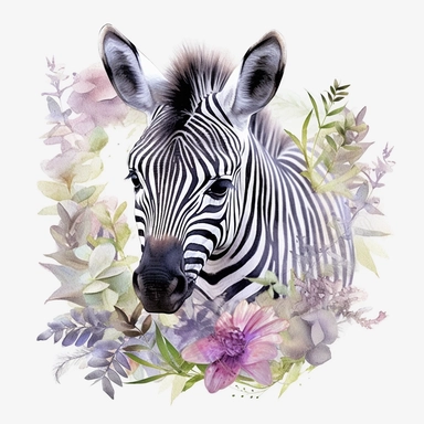 Watercolour animated whimsical cute baby floral zebra Disney inspired beautifully detailed perfect facial features ultra highly detailed, 18k, sharp focus, bright photo with rich colours digitally enhanced, enhanced graphics, straight, sharp focus, bright lighting, intricate detailed png image ,high definition,300dpi,graphic clipart,computer graphics