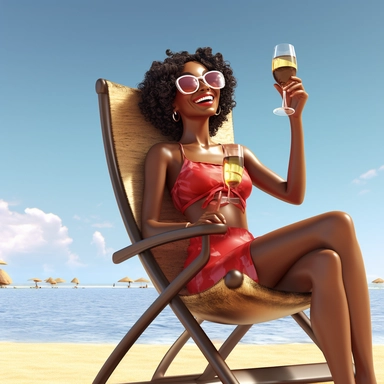 Clipart african American woman, brown skin, smiling, sitting on a chair looking at the ocean at a sunny beach in her bikini with a glass of wine in her hand, well rendered, hyper realistic, sunny beach, 4 K resolution