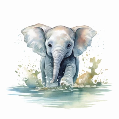 cute elephant calf, splashing joyfully in a river, its reflection shimmering, bold watercolor, clipart, on a white background