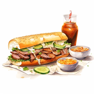 watercolor, hyper realistic, white background, white margins, 16k, ultra detailed clipart, cut out image, hand-drawn Vietnamese banh mi sandwich with grilled pork, pickled vegetables, cilantro, and mayonnaise, served on a crusty baguette, with a cup of Vietnamese iced coffee on the side. in the style of anime art, frostpunk, photo-realistic drawings, villagecore, lively and energetic, high quality, anime
