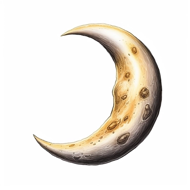 An illustration of a glowing beautiful Waning Crescent Moon against white background, white background, clipart, PNG pure white background, high resolution, hyper detailed, best quality, high detailed illustration