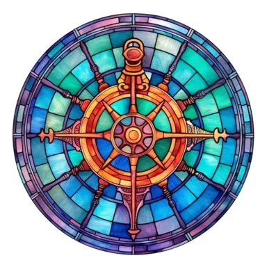 commercial shot of watercolor nautical anchor and wheel Stain glass window clipart, whimsical, sublimation clipart, fantasy, deep colors, high quality watercolor style clipart, isolated on white, award winning,