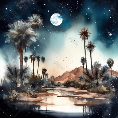 clipart style, watercolor scene of An enchanting depiction of an Enigmatic Desert Oasis, with a mesmerizing night sky filled with stars. The moon's gentle light bathes a serene oasis, where palm trees create a serene and inviting atmosphere. The image hints at the enchantment and secrets waiting to be discovered within this desert paradise, HD, on white background