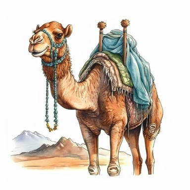 camel in the times of ancient egypt, close, looks at an angle, happy, dressed typically for those times, all on a white background, watercolor, clipart, in ancient egypt style