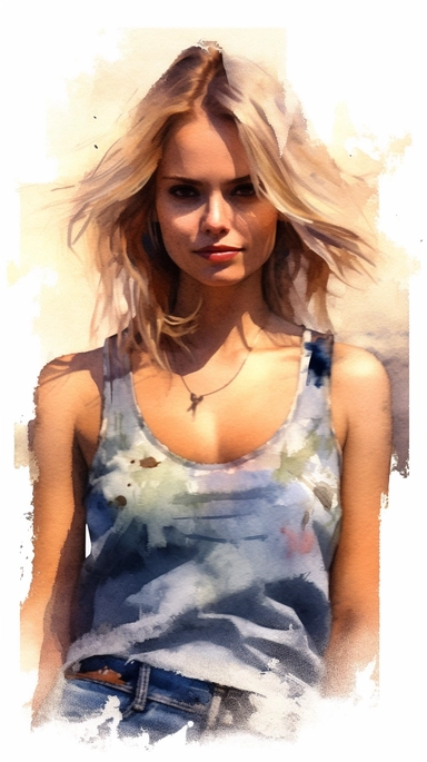 watercolor stylized clipart of a gorgeous unshaved french woman bombshell with hairy armpits in a white croptop and denim shorts, posing, epic light, chaotic,