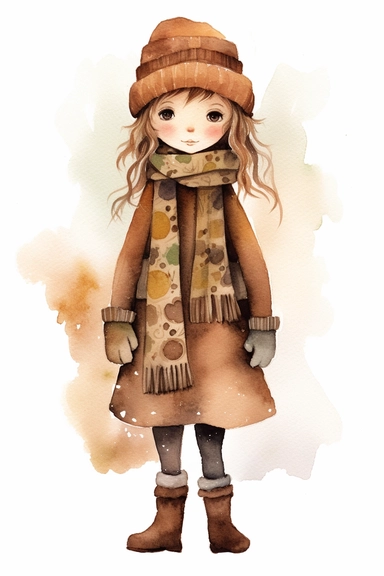 a girl in a hat who's wearing brown, gloves and a scarf, in the style of whimsical watercolors, embossed paper, tinkercore, jagged edges, primitive figurines, simple designs, clipart