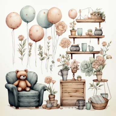 watercolour, baby theme, clipart, soft and muted pastel nuances, white background