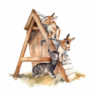 baby dwarf Nigerian goats playing on the A-frame, very detailed and realistic, watercolor, white background with margins, clipart style