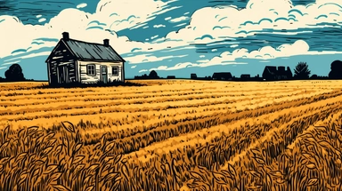in clipart style, pen and ink, minimalist, in the style of Eric Carle,You find yourself standing in the middle of a sprawling farm, surrounded by fields of tall golden wheat swaying gently in the breeze. The sky above is a brilliant shade of blue, dotted with fluffy white clouds that cast occasional shadows over the fields. In the distance, you can hear the sound of cows mooing