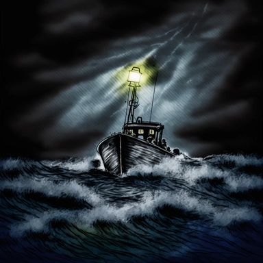 stormy, light from a flashlight from a boat at a distance, at sea, clipart, illustration