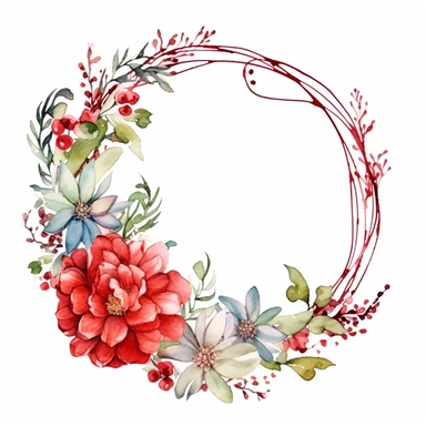 one Christmas round flower frame clipart seamles ornament on a white background, in the style of watercolor landscapes, red and green, no watermark, text, 300 DPI , typography, shapes do not stick together, no text in the picture, on a white background