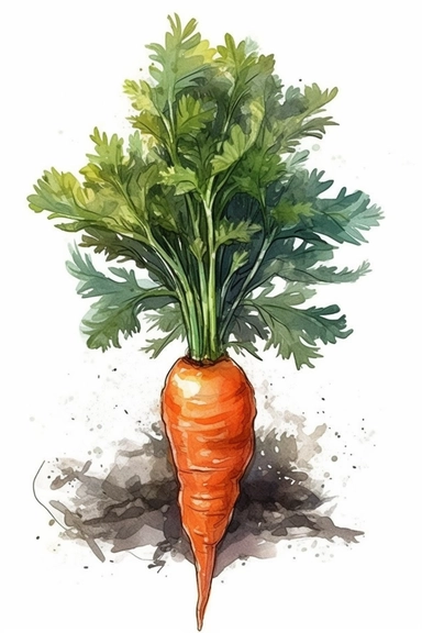 a large carrot with leaves, tshirt design clip art, watercolor style of art on a white background