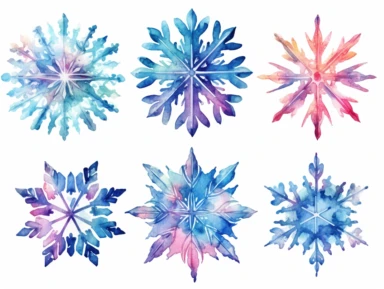 Watercolor clip art on white background, Snowflakes Clipart, high-resolution image with vibrant and true-to-life colors, isolated