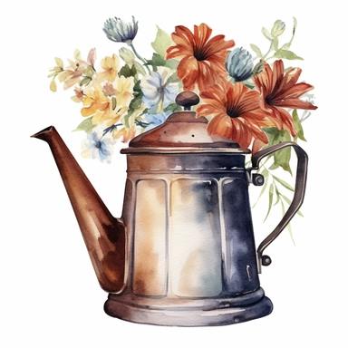 old coffee pot, vintage, flowers, watercolor, retro, clipart, white background