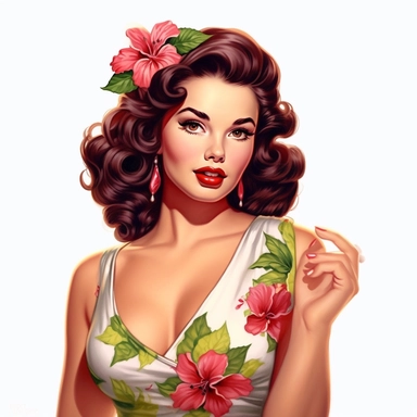beautiful pretty pin up woman, makeup and hair vintage 50's style, hawaiian flower and dress, paint art style, detail, clipart, white background, superrealistic, one of a kind
