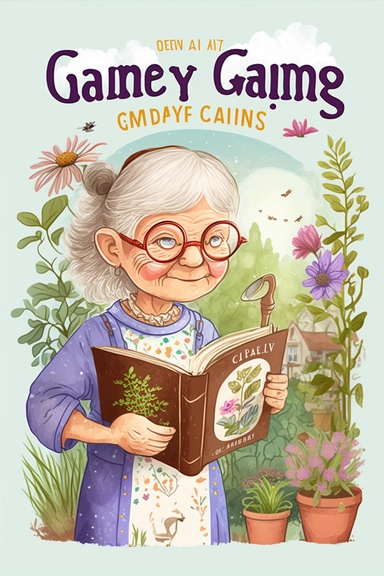 cover for kids book about gardening activity book, on the cover use plants, trees, flowers, garden tools, an old woman holds a magnifying glass in her hand and a book in the other hand, she looks friendly, interested with open eyes, clipart and watercolor style, high resolution, detailed, children style, fancy