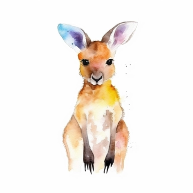 a colorful baby kangaroo with kind eyes clipart with watercolor illustration,full body shot,8k,etsy style, white background