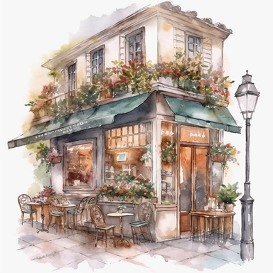 watercolor Spring Coffee shop clipart, romantic french cafe illustration, A sharp photograph of an expensive, on white background