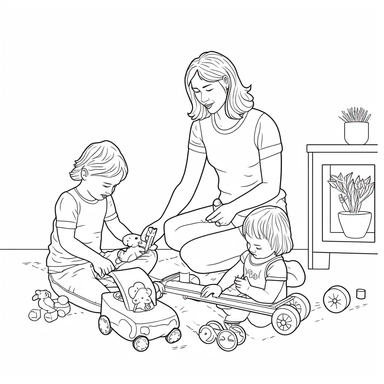 coloring page for kids of a mother and a child playing with toys, full body view, white neutral background, clean line art, low details , 1,5px thick black lines, simple clipart. simple