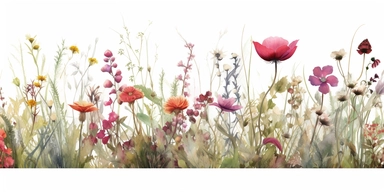 hand painted watercolor wild flowers wall decal, in the style of lucy grossmith, soft color fields, green butterflies fluttering, many shades of magenta, burgundy and deep pink colors, white background, many types of flowers, use of ephemeral materials, cottagepunk, large canvases, dreamy watercolor scenes, png clipart, transparent background