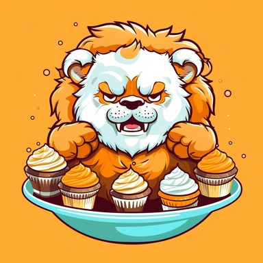 kawaii funny clipart of beast mode lion with cakes in mouth graphic design for a tshirt in a cartoon style, heavy outlines,bold outlines, flat shading , vector, contour, isolated plain white background